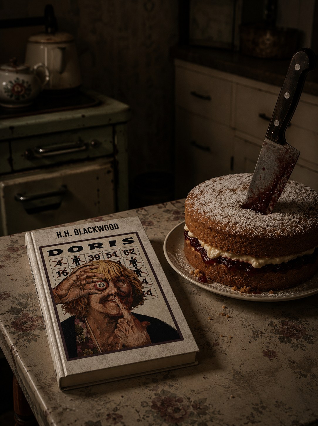 The DORIS novel by H.H. Blackwood on a kitchen table beside a knife-struck cake.